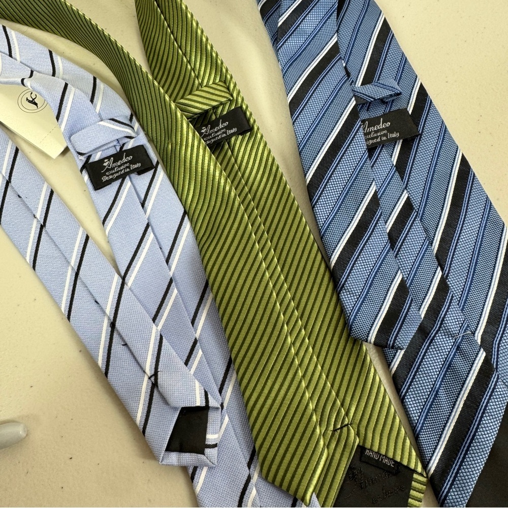Amedeo Italian Silk Tie Bundle Blue Green Striped Designer Neckties Lot 3 - Picture 6 of 10